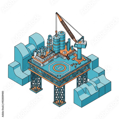 Isometric illustration of an offshore oil rig platform.