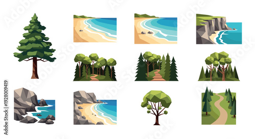 set of hand drawn nature landscapes and trees with forest river beach and cliffs in geometric style