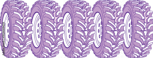 Set of off road tractor tires with deep tread pattern, heavy duty agricultural vehicle wheels, detailed vector illustration