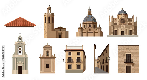collection of hand drawn historic spanish architecture buildings and terracotta roof elements