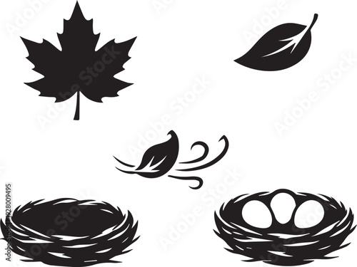 Essential Nature Vector Icons: A Curated Collection Featuring Autumn Maple Leaf, Blowing Leaves, and Bird Nests with Eggs, Symbolizing Seasons, Growth & Wildlife. Perfect for Web & Print.
