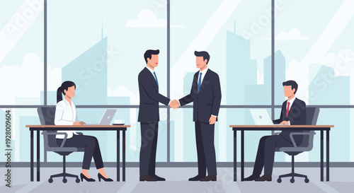 business people shaking hands in modern office with colleagues working at desks flat vector illustration