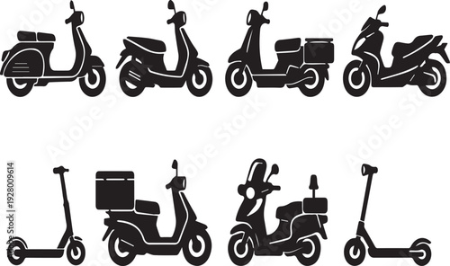 Dynamic Scooter & Moped Vector Icon Set: Urban Commute, Delivery, and Electric Ride Illustrations for Modern Transportation Design