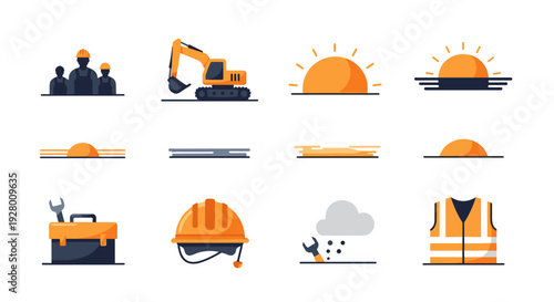 construction workers excavator sunrise sunset toolbox helmet wrench safety vest flat icons collection