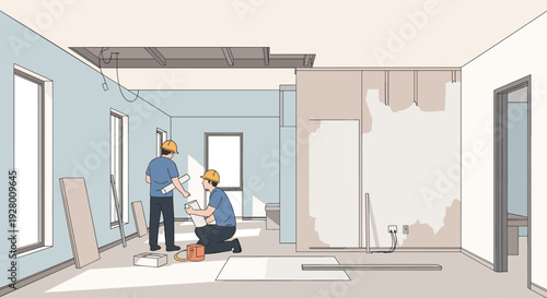 two construction workers wearing helmets in an unfinished room with tools and building materials hand drawn interior renovation illustration