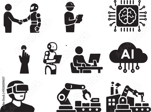 AI & Robotics Technology Vector Icons: Modern Automation, Machine Learning, Human-Robot Interaction, Virtual Reality, Industry 4.0 & Digital Transformation Concepts Set