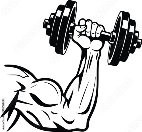A muscular arm lifting a dumbbell in a powerful, illustrated gesture