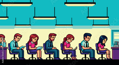 people sitting in office waiting room reading documents in retro pixel art style