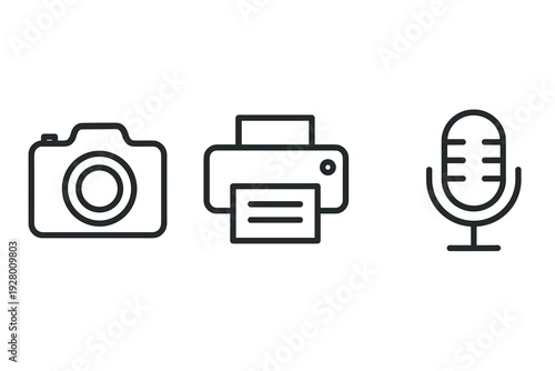 camera printer and microphone hand drawn line art icons set for technology and communication design