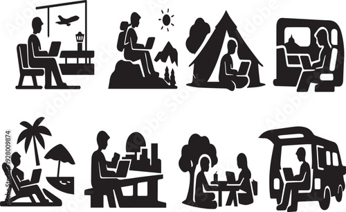 Digital Nomad Lifestyle Icons: Flexible Remote Work from Anywhere – Airport, Beach, Mountain, Camping, Van & Park – Modern Freedom & Connectivity