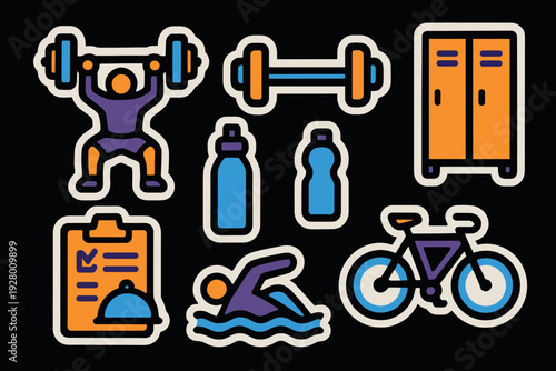 set of hand drawn fitness and gym icons with weightlifter dumbbells swimming bicycle water bottles locker and clipboard