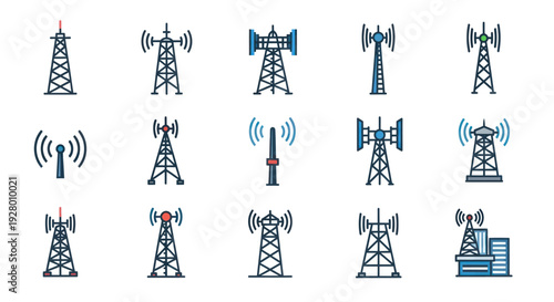 Set of telecommunication tower icons including cell phone masts and radio antennas illustrated in a colorful vector line art style.