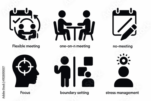 set of black meeting and mental health icons including flexible meeting one on n no meeting focus boundary setting and stress management in flat style