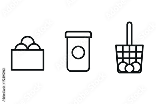 set of hand drawn ping pong balls with box container and mesh scoop icons