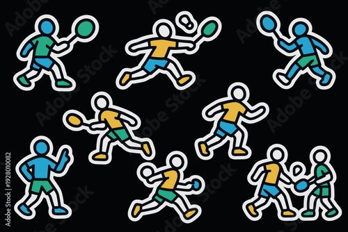 set of hand drawn tennis player icons in action poses with colorful clothes on black background