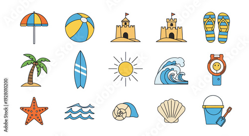 Colorful Beach Icons: Umbrella Ball Sandcastles Flip-Flops Palm Tree Surfboard Sun Wave Watch Starfish Sea Seashell Clam Bucket Shovel.