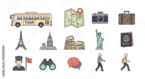 Collection of Travel and Tourism Icons Featuring Landmarks and Essentials.