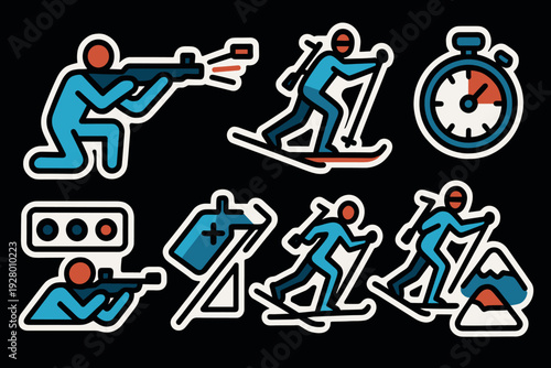 biathlon winter sport collection with biathlete shooting and skiing icons in hand drawn style