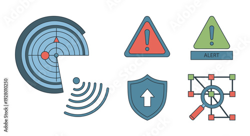 Cybersecurity and Network Security Icons Set with Radar Warning Shield and Data Flow.