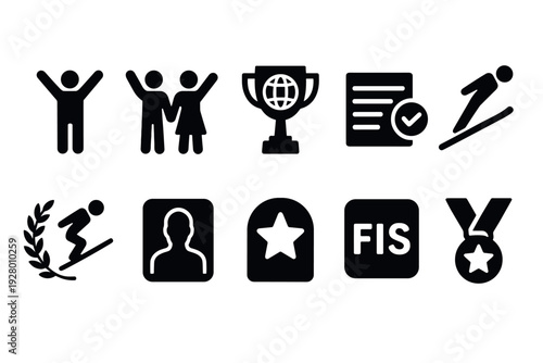 set of black and white hand drawn sports and achievement icons including ski jumper trophy medal and profile silhouette