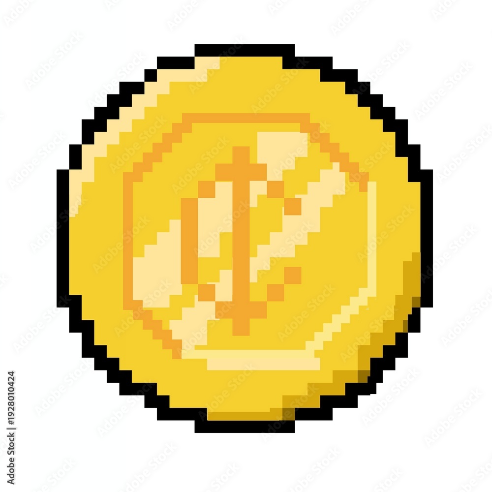 Fototapeta premium Pixel Art Golden Coin Icon for Retro Video Games and Digital Currency