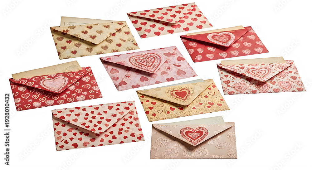 Obraz premium Collection of colorful heart patterned envelopes isolated on transparent background