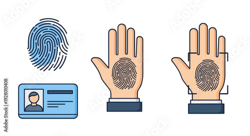 Biometric Identification Icons: Fingerprint Palm Print and ID Card.