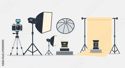 Professional photography studio setup with lighting equipment and backdrop.