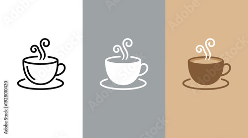Coffee Cup Icon Set with Steam on White Gray and Beige Backgrounds