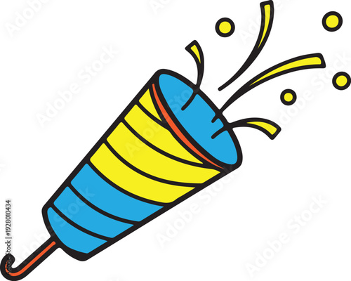 A cartoon illustration of a blue and yellow party popper isolated on transparent background