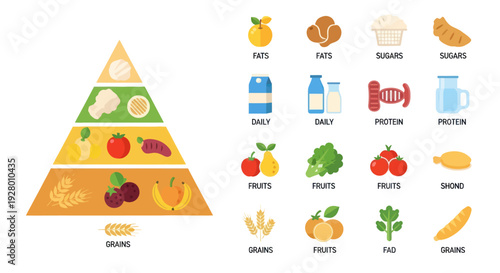 Food Pyramid and Nutritional Icons Illustrating Healthy Eating Choices.