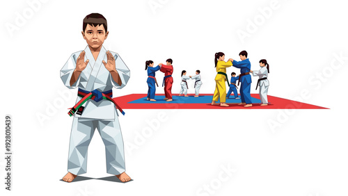 young boy in karate gi with colored belts practicing martial arts hand drawn illustration with children sparring in background
