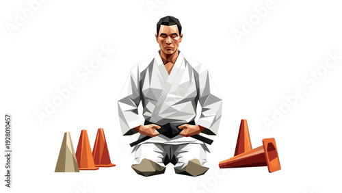 low poly martial arts man in white gi with black belt sitting in seiza position surrounded by orange cones geometric style