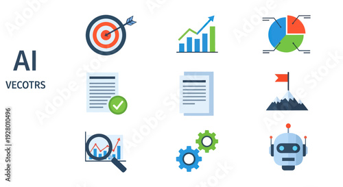 Business and Technology Icons: Target Graph Chart Document Gears Robot.