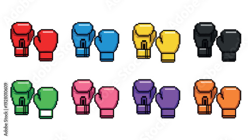 set of pixel art boxing gloves in various colors hand drawn gaming icons collection
