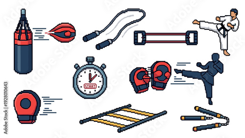 pixel art set of martial arts training equipment and fighters in action