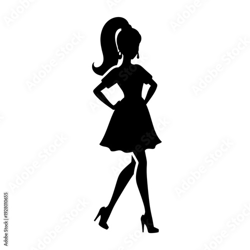 Black silhouette of a confident woman with a high ponytail wearing a dress and high heels, striking a pose.