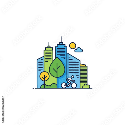 Green city with buildings, trees, and bicyclist under sunny sky