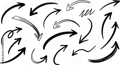 Assorted hand-drawn arrows in various directions, illustrating diverse movements and actions, depicted in a simple illustration style.