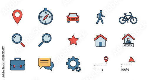 Colorful Vector Icons Representing Travel Navigation and Work Concepts.