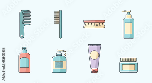 Collection of bathroom and personal care items including combs brushes and bottles.