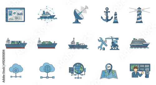 Collection of Maritime and Technology Icons in Blue and White.