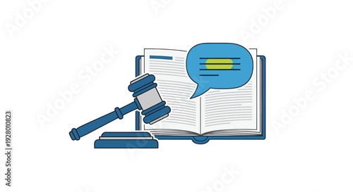 Judge's gavel and open law book with speech bubble