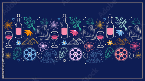 Adobe Illustrator ArtworkPassover holiday design set in minimalist hand drawn style. Hand-Drawn Jewish Holiday Illustration featuring Matzah, Wine, and Seder Elements
