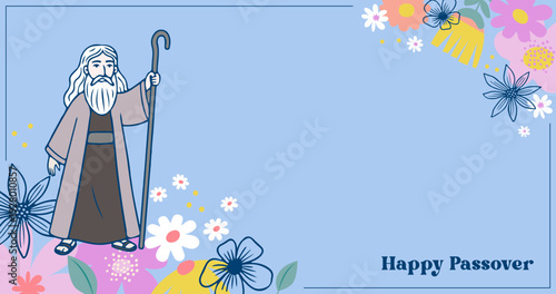 Jewish holiday Passover, Pesach. Floral greeting card, banner with traditional icons. Springtime concept design. Happy Passover