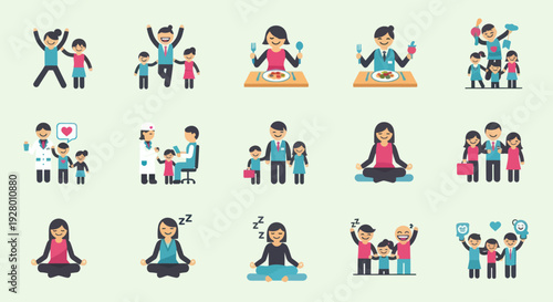 Vector illustrations of happy families people and daily life activities.