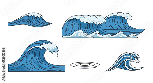 Collection of Stylized Blue Ocean Waves with White Foam.