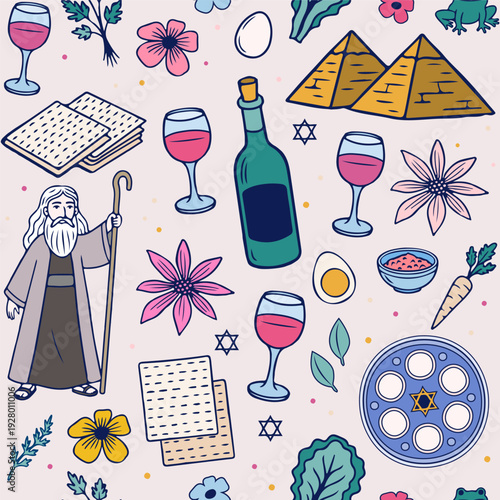 Passover holiday flat seamless pattern design in minimalist hand drawn style. Festive Passover Seder Plate Illustration with Floral Border and Jewish Holiday Symbols