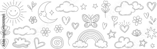 Collection of whimsical illustrations featuring clouds, flowers, hearts, butterflies, and rainbows in a dreamy atmosphere