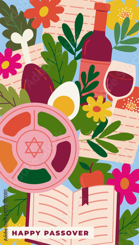 Jewish holiday Passover, Pesach. Greeting card, banner with traditional icons. Springtime concept design in vibrant bold style.